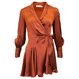 Zimmermann-Zimmermann Wrap Mini Dress in Brown Silk-Brown