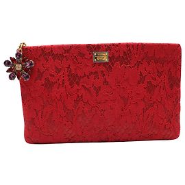 Bolsa Dolce & Gabbana com zíper e pingente de cristal Swarovski em renda vermelha Vermelho