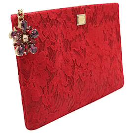 Dolce & Gabbana-Dolce & Gabbana Bolso con cremallera y dije de cristal de Swarovski en encaje rojo-Roja