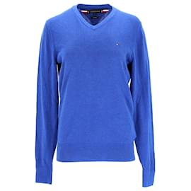 Tommy Hilfiger-Suéter masculino de algodão orgânico e seda com decote em V-Azul
