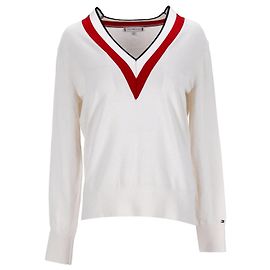 Tommy Hilfiger Damen-Pullover mit Kontrast-V-Ausschnitt Weiß Roh
