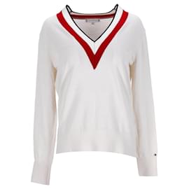 Tommy Hilfiger-Damen-Pullover mit Kontrast-V-Ausschnitt-Weiß,Roh