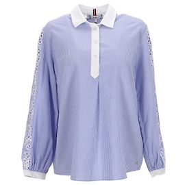 Tommy Hilfiger Camisa feminina listrada de algodão puro com renda Azul Azul claro