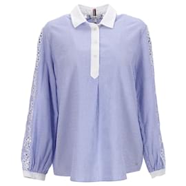 Tommy Hilfiger-Camisa feminina listrada de algodão puro com renda-Azul,Azul claro
