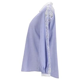 Tommy Hilfiger-Camisa feminina listrada de algodão puro com renda-Azul,Azul claro