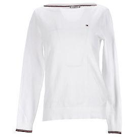 Tommy Hilfiger Damen-Pullover mit U-Boot-Ausschnitt aus weißer Baumwolle Weiß