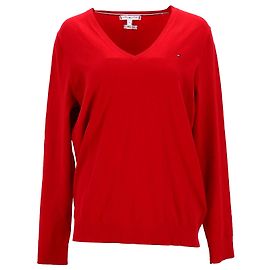 Tommy Hilfiger Suéter feminino Heritage com decote em V em algodão vermelho Vermelho