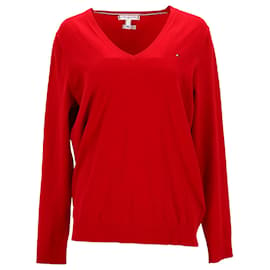 Tommy Hilfiger-Tommy Hilfiger Suéter feminino Heritage com decote em V em algodão vermelho-Vermelho