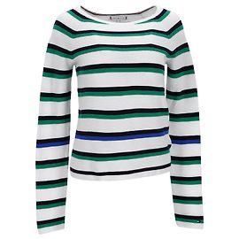 Tommy Hilfiger Gestreifter Damenpullover mit weitem Ausschnitt Weiß Roh