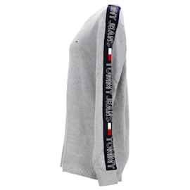 Tommy Hilfiger-Tommy Hilfiger Mens Regular Fit Jumper with Logo Tape in Light Grey Pure Cotton-Grey