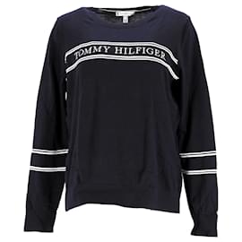 Tommy Hilfiger-Damen-Pullover aus reiner Baumwolle mit Logo-Stickerei-Marineblau
