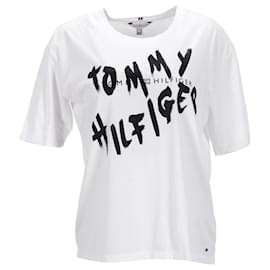 Tommy Hilfiger-T-shirt da donna in cotone organico con logo Graffiti-Bianco