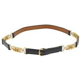 Hermès-HERMES Chain Belt Leather 28.3""-29.5"" Black Gold Auth ar10901-Black,Golden