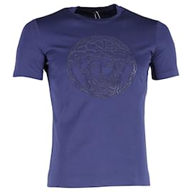 Versace-T-shirt à col rond avec logo Versace en coton bleu marine-Bleu Marine