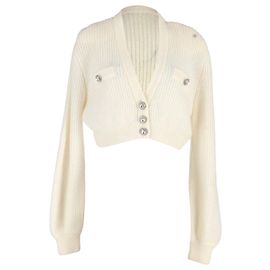 Alessandra Rich Crystal-Button Kurze Strickjacke aus cremefarbener Wolle Weiß Roh