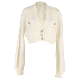 Alessandra Rich-Alessandra Rich Crystal-Button Cropped Cardigan in Cream Wool-White,Cream