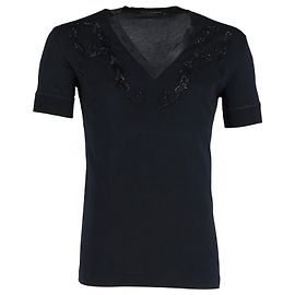 Dolce & Gabbana Camiseta con cuello en V adornada en algodón azul marino Azul marino