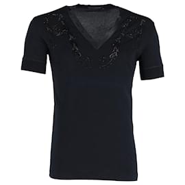 Dolce & Gabbana-Dolce & Gabbana Embellished V-Neck T-Shirt in Navy Blue Cotton-Navy blue