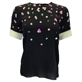 Autre Marque-Andrew Gn Black Multi Floral Sequined Short Sleeved Silk Blouse-Black