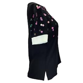 Autre Marque-Andrew Gn Blusa negra de seda de manga corta con lentejuelas y flores multicolores-Negro
