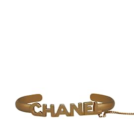 Chanel-Gold Chanel Logo Bangle with Chain Attached CC Crystal Ring Costume Bracelet-Golden