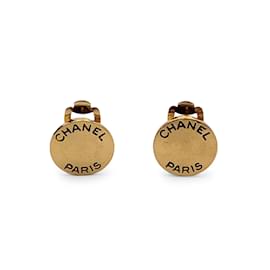 Chanel-Paris Vintage Gold Metal Small Round Logo Clip On Earrings-Golden