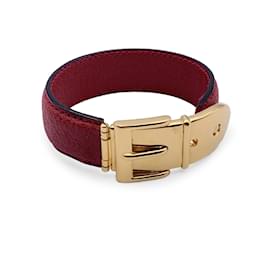 Gucci-Vintage Red Leather Belt Bangle Cuff Bracelet Gold Buckle-Red