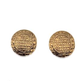 Chanel-Vintage Gold Metal Round Embossed Clip On Earrings-Golden