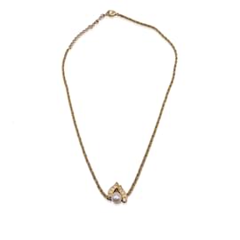 Christian Dior-Vintage Gold Metal Pearl Pendant Necklace-Golden