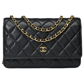 Chanel-CHANEL Portemonnaie an Kettentasche aus schwarzem Leder - 101618-Schwarz
