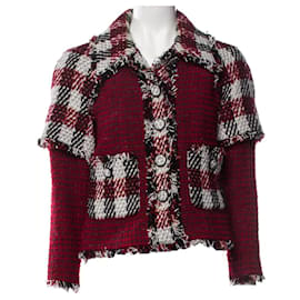 Chanel-Chanel 16Una giacca con frange in tweed scozzese della sfilata FR 40-Nero,Bianco,Rosso,Grigio,Bordò