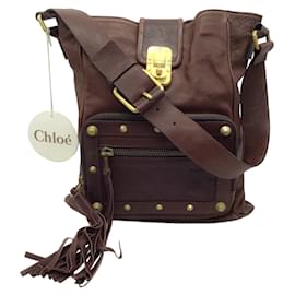 Chloé-Bolsa de ombro de couro chocolate Chloe com tachas douradas-Marrom