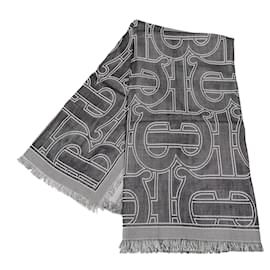 Burberry-Gray Burberry TB Silk and Wool Scarf Scarves-Other