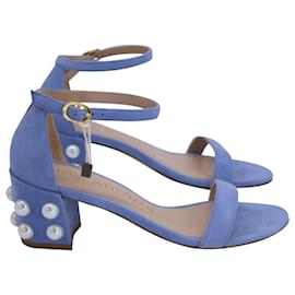 Stuart Weitzman-Stuart Weitzman Pearl-Embellished Simple Sandals in Blue Suede-Blue