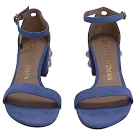 Stuart Weitzman-Stuart Weitzman Pearl-Embellished Simple Sandals in Blue Suede-Blue