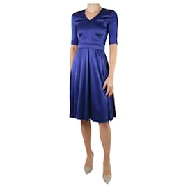 Autre Marque-Blue short-sleeved silk v-neck dress with belt - size UK 6-Blue