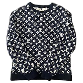 Louis Vuitton-Louis Vuitton Jacquard-Sweatshirt mit vollem Monogramm-Weiß,Marineblau