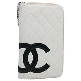 CHANEL Cambon Line Wallet Leather White Black CC Auth 61095 Black White