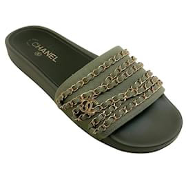 Autre Marque-Chanel Olive Twill Slide Sandals with Chains-Green