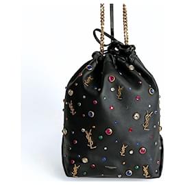 Saint Laurent-Saint Laurent Teddy Bucket shoulder bag in black leather with multicolored stones-Black