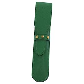 Hermès-HERMES Pen Case Leather Green Auth 60589-Green