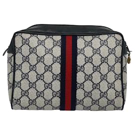 Gucci-GUCCI GG Supreme Sherry Line Clutch Bag Red Navy 89 01 012 Auth yk9645-Red,Navy blue