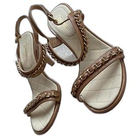 Chanel Chain Sandals Heels Beige Leather 36.5 Beige