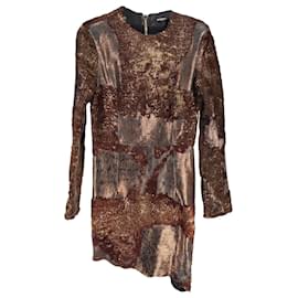 Balmain-Balmain Metallic Long-Sleeve Mini Dress in Brown Leather-Brown