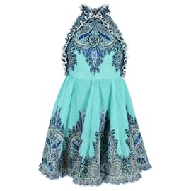 Zimmermann-Zimmermann Moncur Ruffle-Neck Printed Mini Dress in Turquoise Polyester-Other