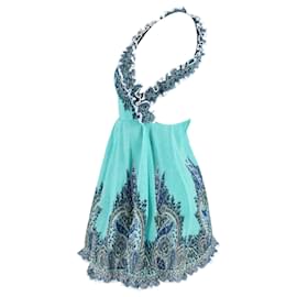Zimmermann-Zimmermann Moncur Ruffle-Neck Printed Mini Dress in Turquoise Polyester-Other