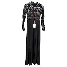 Self portrait-Self-Portrait Mia Lace Pleated Maxi Dress in Black Polyester-Black