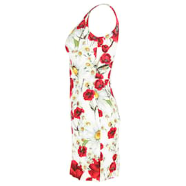 Dolce & Gabbana-Dolce & Gabbana Sleeveless Poppy & Daisy Print Mini Dress in Floral Print Viscose-White