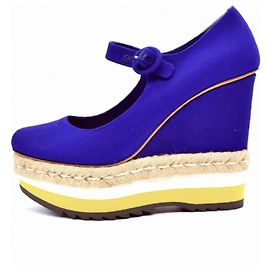 Sandales compensées Prada en lin bleu Bleu