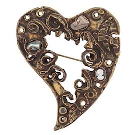 Christian Lacroix-VINTAGE CHRISTIAN LACROIX HEART CHRISTMAS BROOCH 1994 GOLDEN METAL AGED EFFECT BROOCH-Golden